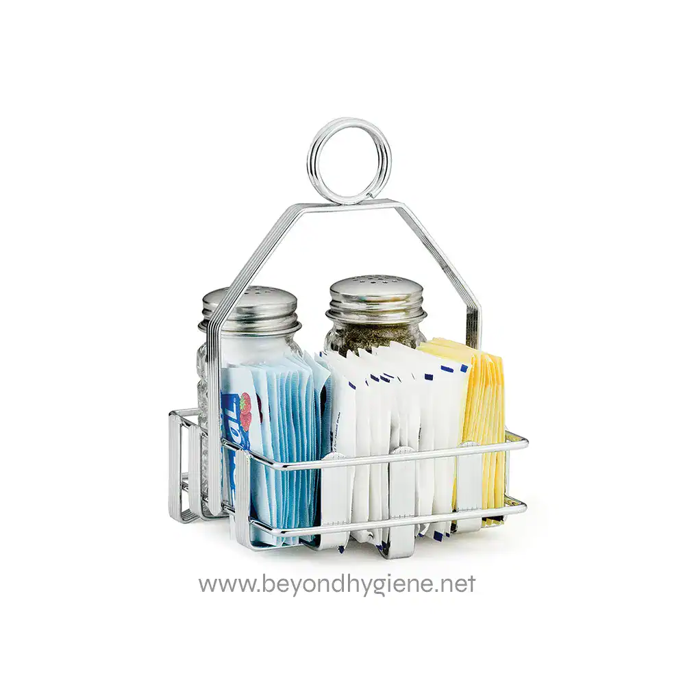 3 Metal countertop condiment caddy with salt, pepper, sugar, and sweetener packets for hygiene and organization.