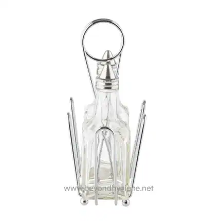 Stainless steel condiment bottle holder with a glass bottle, designed for hygiene and convenience in Asian restaurants and food service settings.