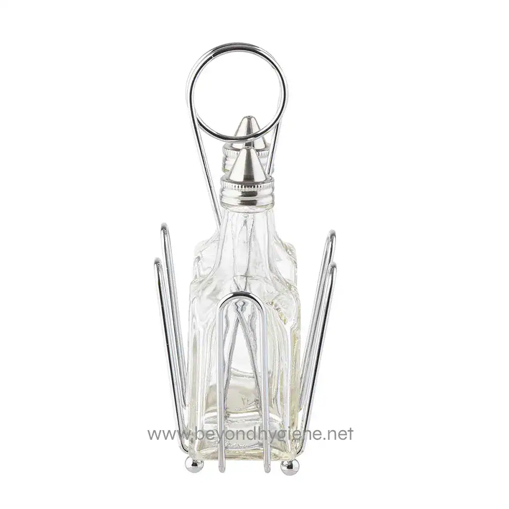 Stainless steel condiment bottle holder with a glass bottle, designed for hygiene and convenience in Asian restaurants and food service settings.