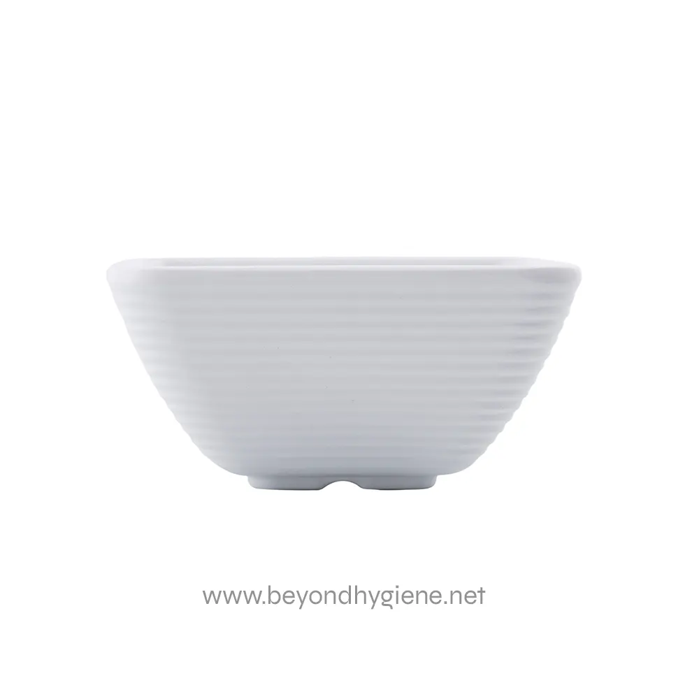 3 White ceramic bowl with horizontal ridges for hygiene and dining purposes.