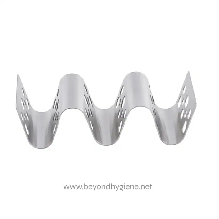 Stainless steel dental bracket holder with multiple slots, used for organizing and storing orthodontic brackets efficiently.
