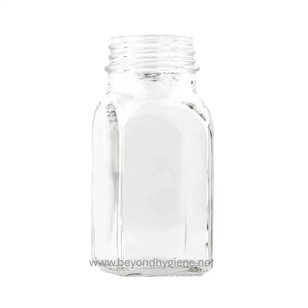 3 Empty glass bottle for hygiene or sanitation purposes, perfect for pharmaceutical, cosmetic, or cleaning products storage. Designed for durable, leak-proof containment aligned with hygiene standards.
