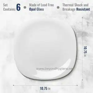 Opal glass plate with thermal shock resistance, lead-free, 10.75 in diameter, ideal for commercial and kitchen use, manufactured by Beyond Hygiene Asia.