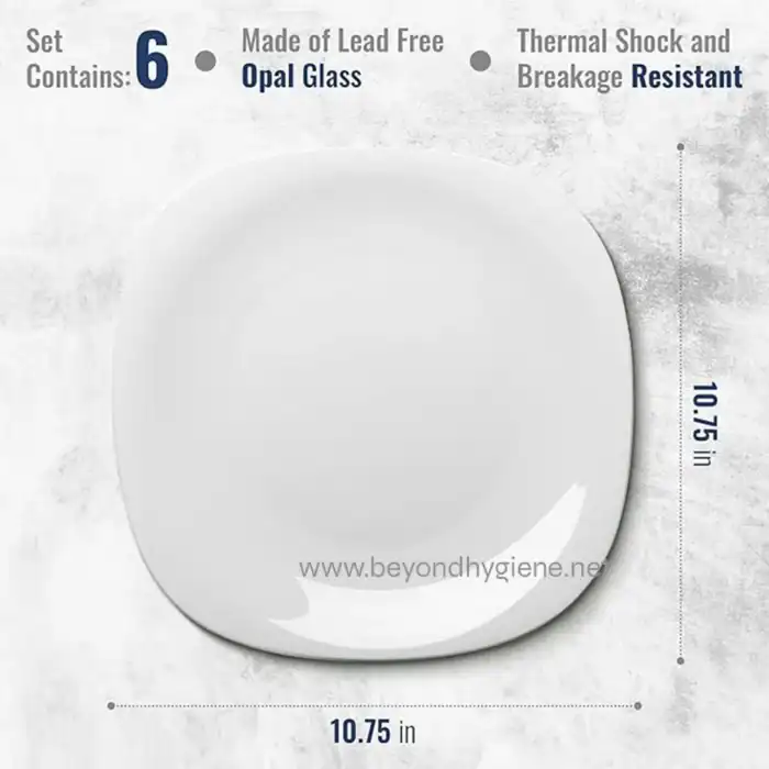 Opal glass plate with thermal shock resistance, lead-free, 10.75 in diameter, ideal for commercial and kitchen use, manufactured by Beyond Hygiene Asia.