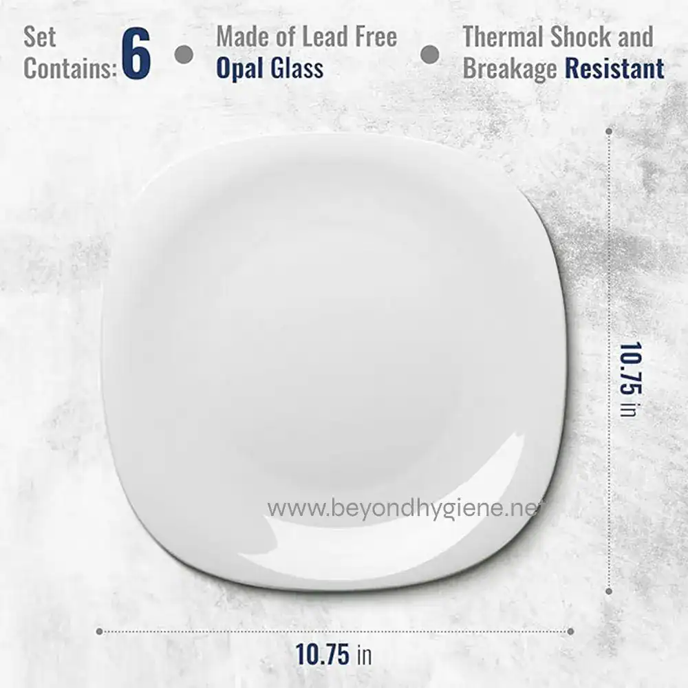 3 Opal glass plate with thermal shock resistance, lead-free, 10.75 in diameter, ideal for commercial and kitchen use, manufactured by Beyond Hygiene Asia.