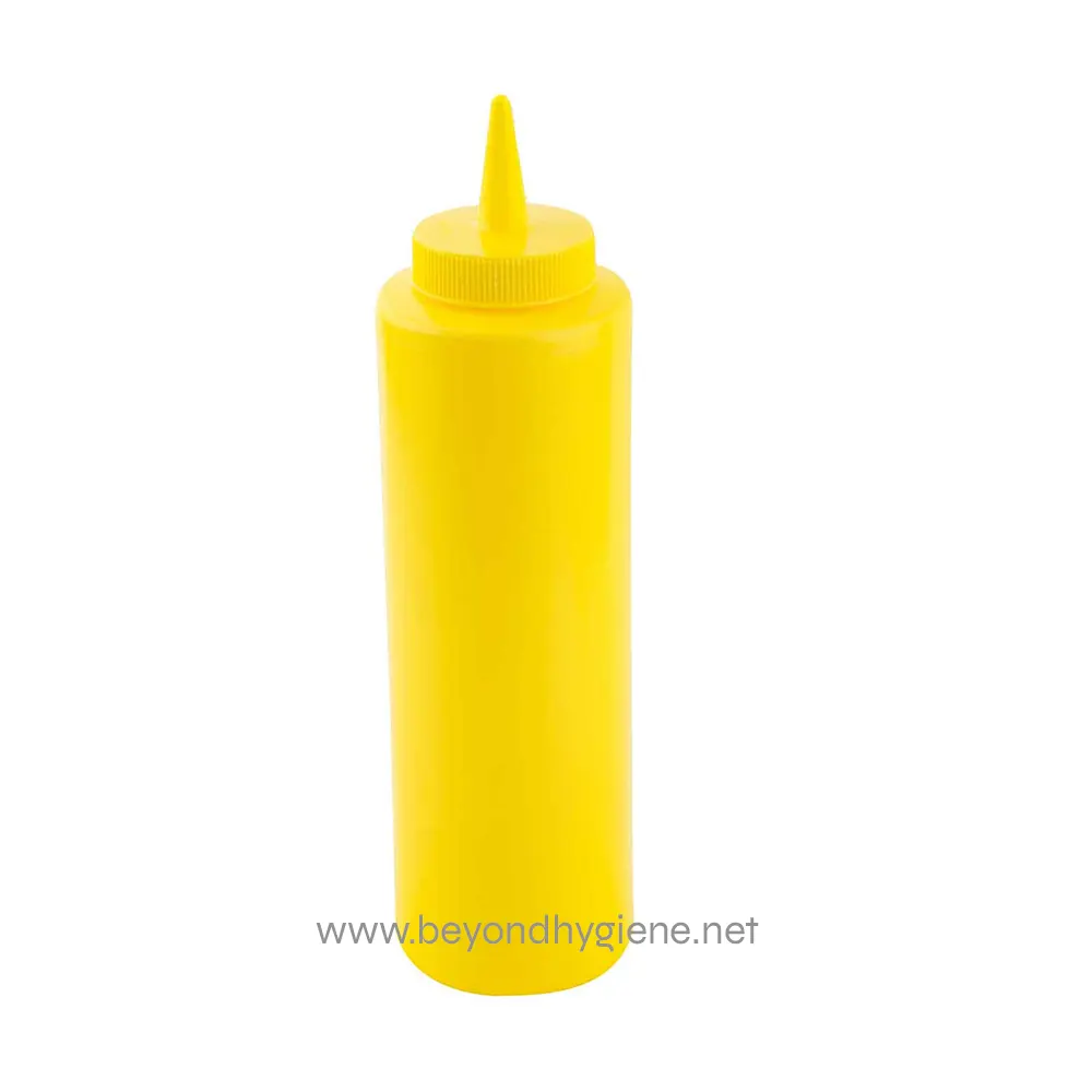 3 Squeeze bottle with yellow condiment for food service, hygiene, or cleaning use.