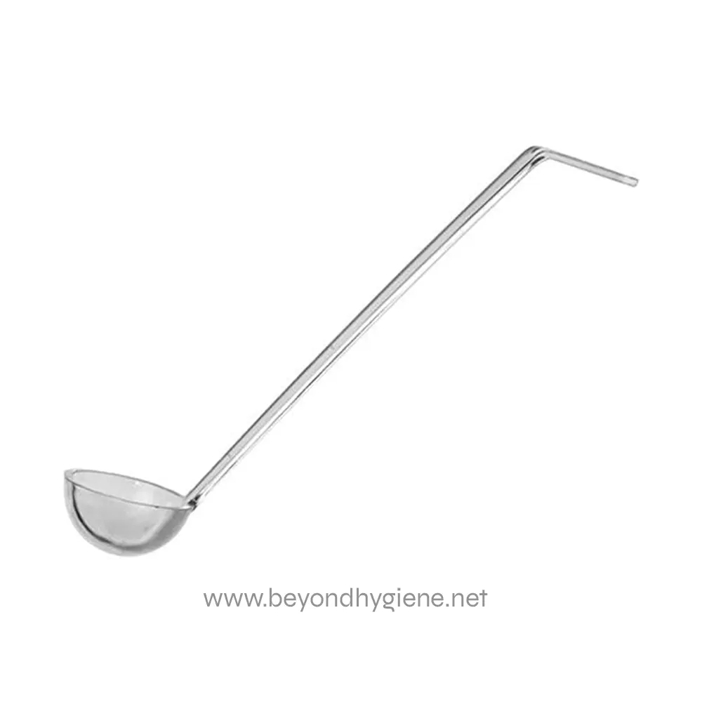 Stainless steel scoop tool used for hygiene and cleaning purposes, ideal for food handling or sanitation tasks in commercial kitchens or sanitation industries.