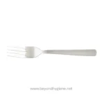 Stainless steel fork for professional hygiene and food safety, ideal for commercial kitchens and foodservice establishments. Durable and easy to clean for optimum sanitation.