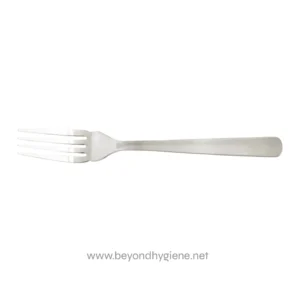 Stainless steel fork, clean and sleek design, used for dining and food consumption. Ideal for restaurants, catering, and kitchen settings. Durable and hygienic tableware for everyday use.