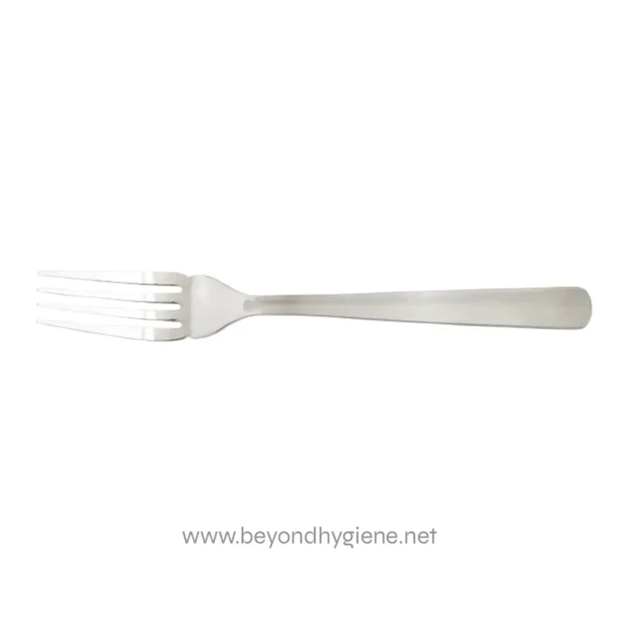 Stainless steel fork, clean and sleek design, used for dining and food consumption. Ideal for restaurants, catering, and kitchen settings. Durable and hygienic tableware for everyday use.