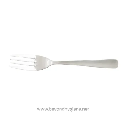 Stainless steel fork for hygiene and silverware use, suitable for food service and cleaning applications.
