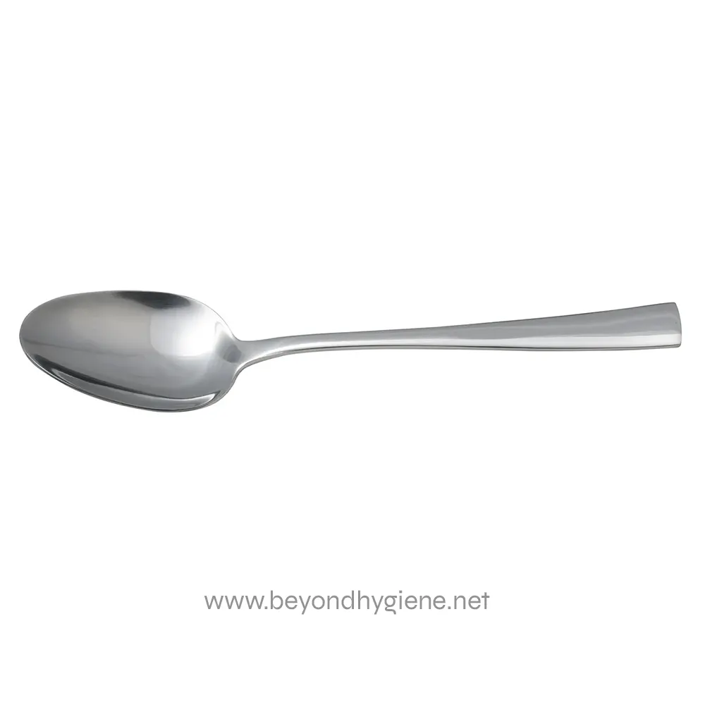 32-RS1-DES-S_21111-03 Stainless steel spoon, reflective tableware for dining, emphasizing hygiene and quality aesthetics.