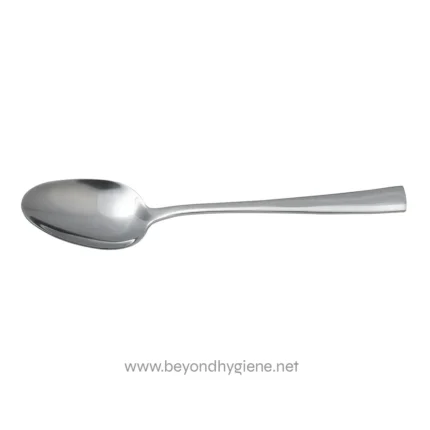 Stainless steel spoon for restaurant or catering use, durable and hygienic. Perfect for food serving, catering services, and commercial kitchens.