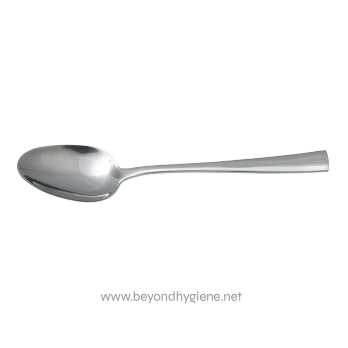 Stainless steel spoon for restaurant or catering use, durable and hygienic. Perfect for food serving, catering services, and commercial kitchens.