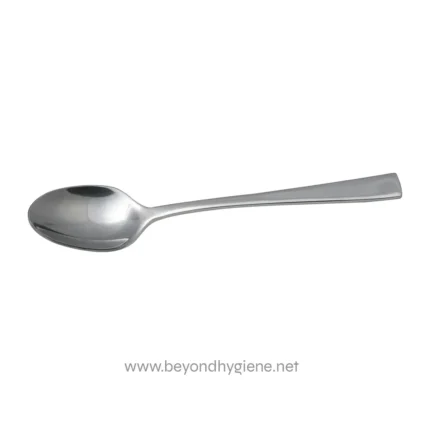 Stainless steel soup spoon, used for serving and eating soups in restaurant or catering settings. Durable, hygienic, and easy to clean, ideal for commercial and household use.