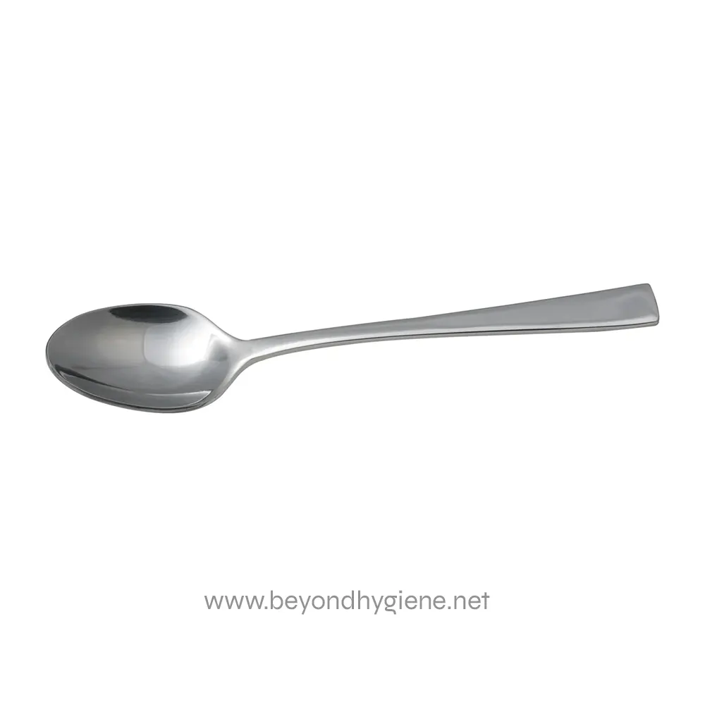 32-RS1-TEA-S_21111-08 Stainless steel soup spoon, used for serving and eating soups in restaurant or catering settings. Durable, hygienic, and easy to clean, ideal for commercial and household use.