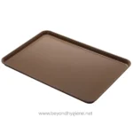Stainless steel tray for food service, durable and easy to clean, ideal for commercial kitchens and catering businesses.