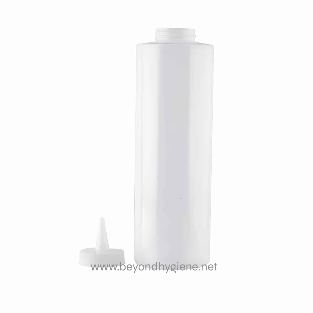 4 Empty white squeeze bottle with flip-top cap on a plain background.