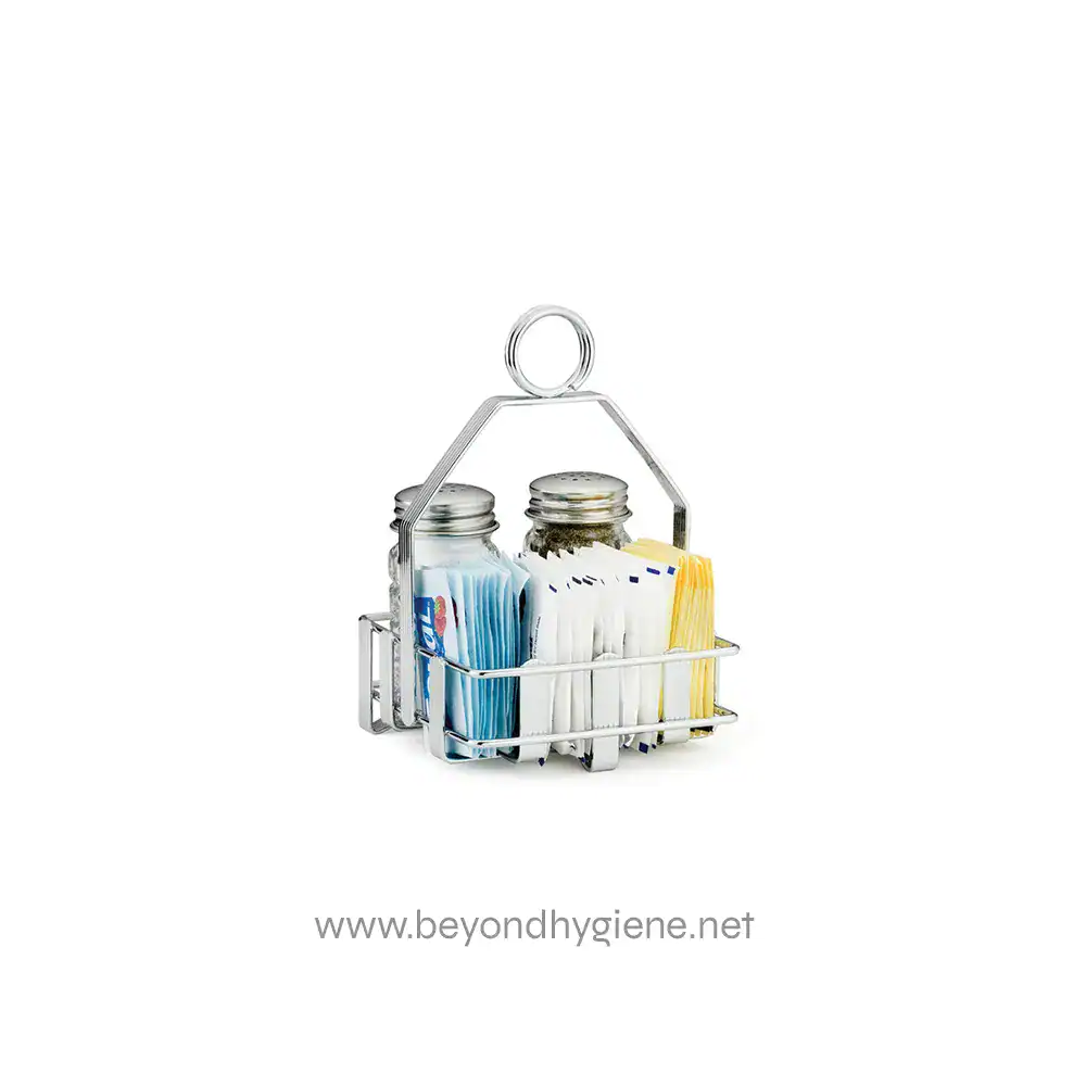 4 Cleanliness supplies organized in a metal caddy for hygiene and sanitation.
