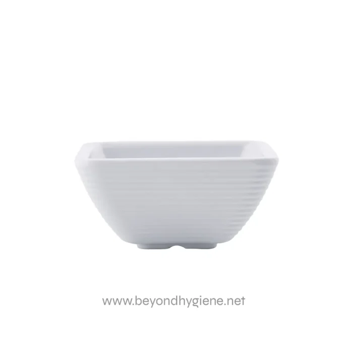 White ceramic rectangular serving bowl with horizontal ridges, ideal for dining and catering, showcasing modern, clean design.