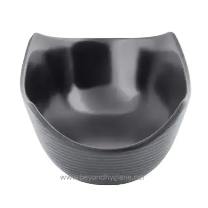 Black hair wash basin for salon or spa use, durable plastic design, ergonomic and easy to clean. Ideal for hair treatments and haircuts in professional grooming environments.