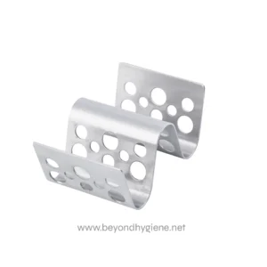 Stainless steel corner guard with perforated design for impact protection and wall preservation in commercial and industrial cleaning environments.