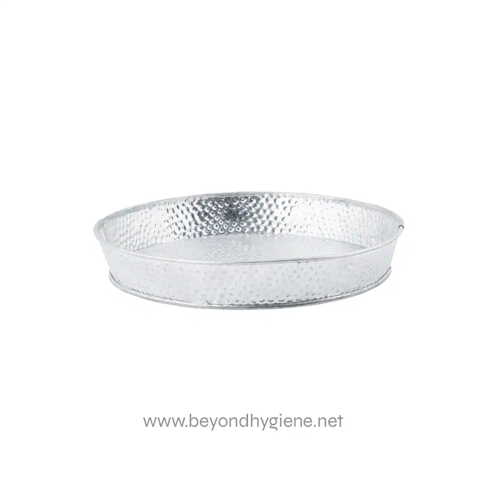 4 Stainless steel oval serving tray with textured surface, ideal for hygienic food presentation at Asian restaurants or catering events.