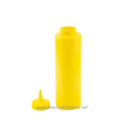 Bright yellow foam soap bottle with a cap, ideal for hand hygiene in commercial and healthcare settings. Refillable container designed for easy dispensing of liquid or foam hand cleansers.