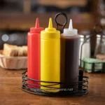 Squeeze bottles with ketchup, mustard, and barbecue sauce in a wire basket on a wooden table at a restaurant.