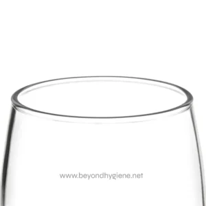 Shiny clear glass cup with smooth edges, ideal for beverages, showcasing hygiene and cleanliness. Perfect for professional or home use, emphasizing quality glassware from Beyond Hygiene Asia.