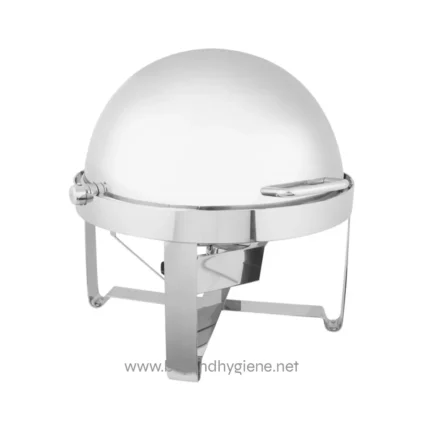 Stainless steel food warmer with dome lid, ideal for catering and hospitality for maintaining food temperature and hygiene.
