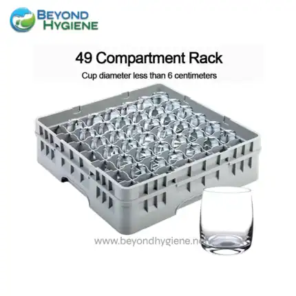 Disposable glass rack for cleaning and storage, 49-compartment plastic organizer for glasses with cups less than 6 cm diameter.