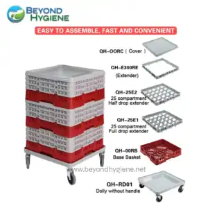 Stack of multi-tiered plastic transport carts with various modular trays for hospital or industrial use for efficient storage and transport, featuring caster wheels for mobility.