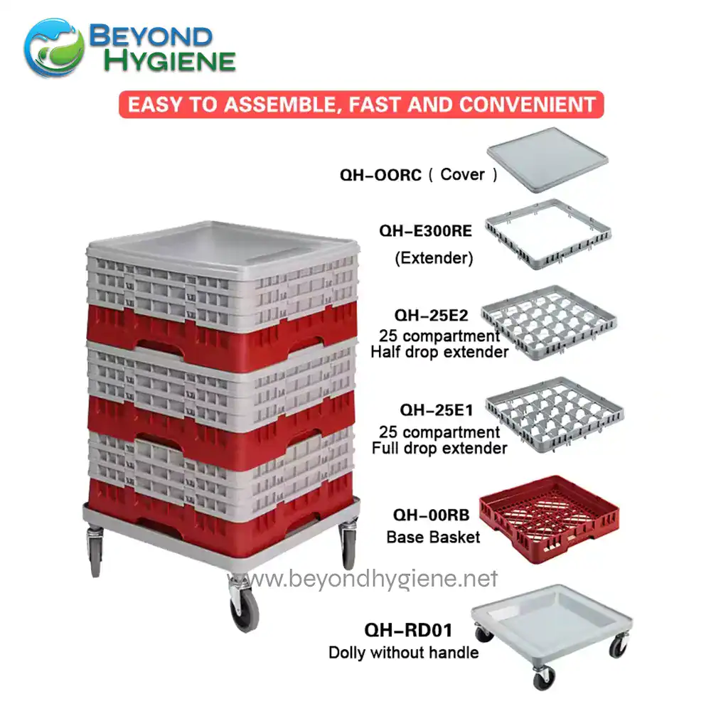 49 Compartment Full and Half 6 Stack of multi-tiered plastic transport carts with various modular trays for hospital or industrial use for efficient storage and transport, featuring caster wheels for mobility.