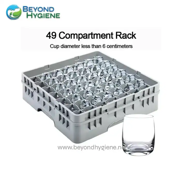 Disposable glass rack for cleaning and storage, 49-compartment plastic organizer for glasses with cups less than 6 cm diameter.