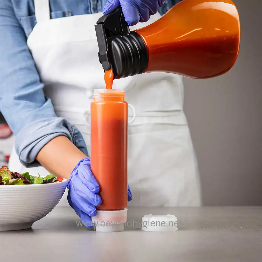 5 Freshly prepared salad being dressed with sauce from a squeeze bottle in a commercial kitchen setting.