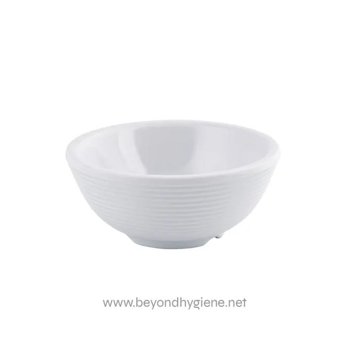 White ceramic bowl with textured exterior for dining and food presentation.