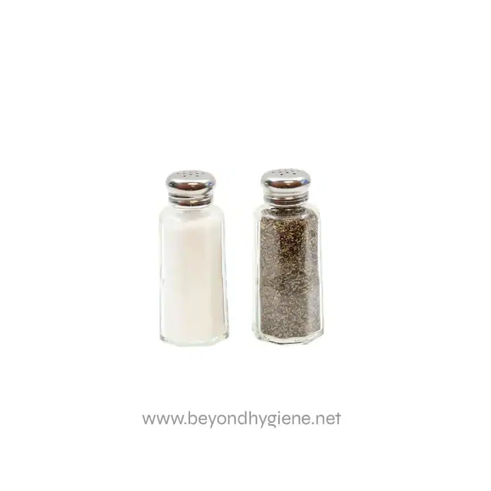 Salts and spices salt shakers on white background for hygiene and sanitation in Asian markets or restaurants.