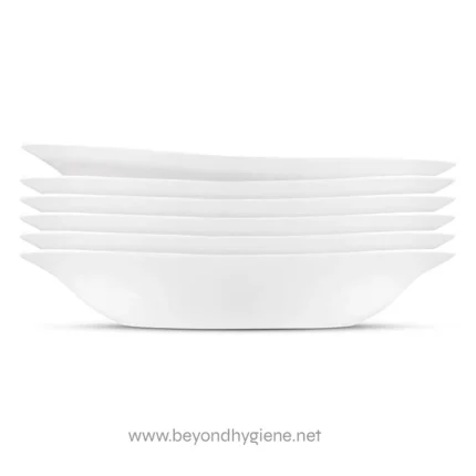 White ceramic dishware stack for hygienic dining, clean and minimalist design ideal for restaurants, cafes, and food service establishments emphasizing hygiene and quality.