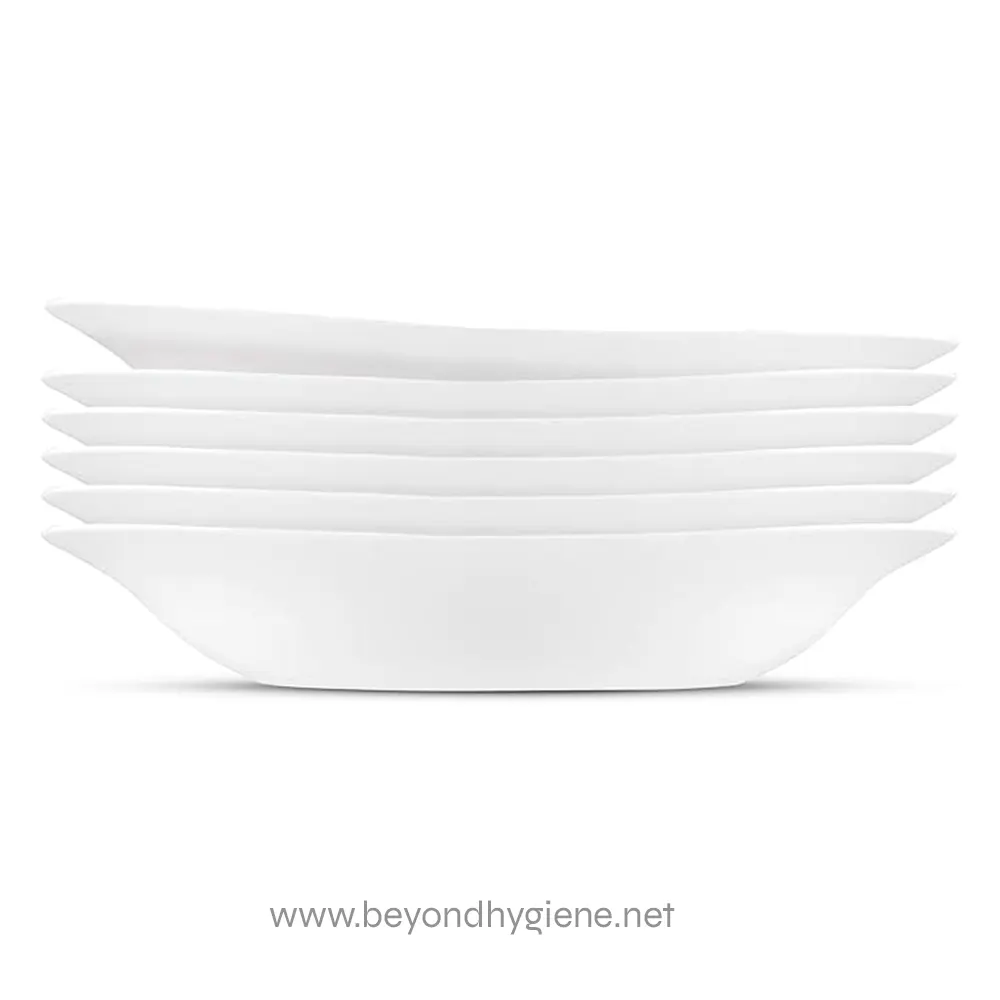 514rNyho1zL._AC_SX679_ White ceramic dishware stack for hygienic dining, clean and minimalist design ideal for restaurants, cafes, and food service establishments emphasizing hygiene and quality.