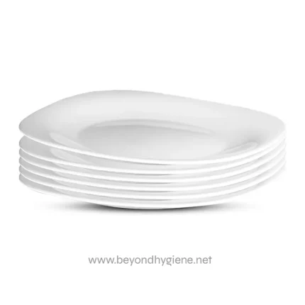 Stacked white ceramic plates for kitchenware and dining, showcasing hygiene and quality for restaurants or home use. Perfect for clean, sanitary dining environments.