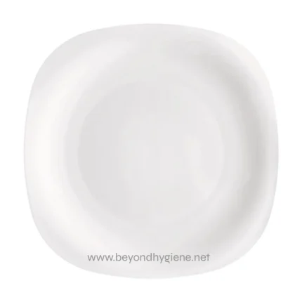 White ceramic square plate for hygiene and sanitation, ideal for food service or medical environments, emphasizing cleanliness and hygiene standards.