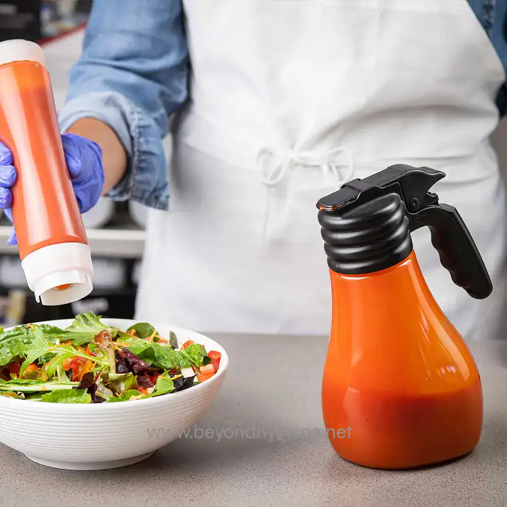 6 Spray bottle for food hygiene and sanitation in restaurant kitchen, preparing salads, cleaning fresh vegetables with hygienic spray.