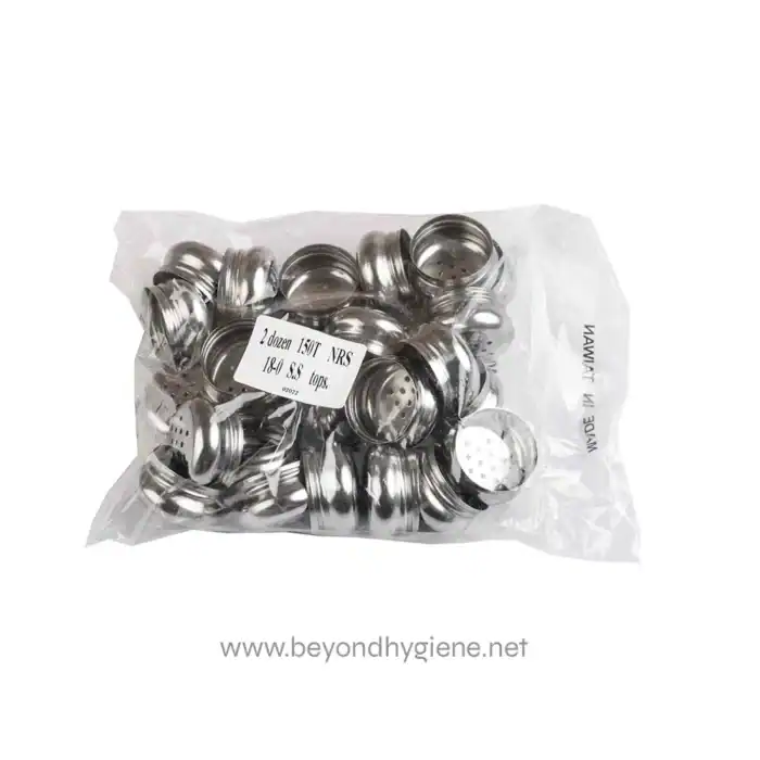 Stainless steel dose caps for hygiene and sanitation, packaged in a clear plastic bag, ideal for industrial cleaning and disinfecting applications.