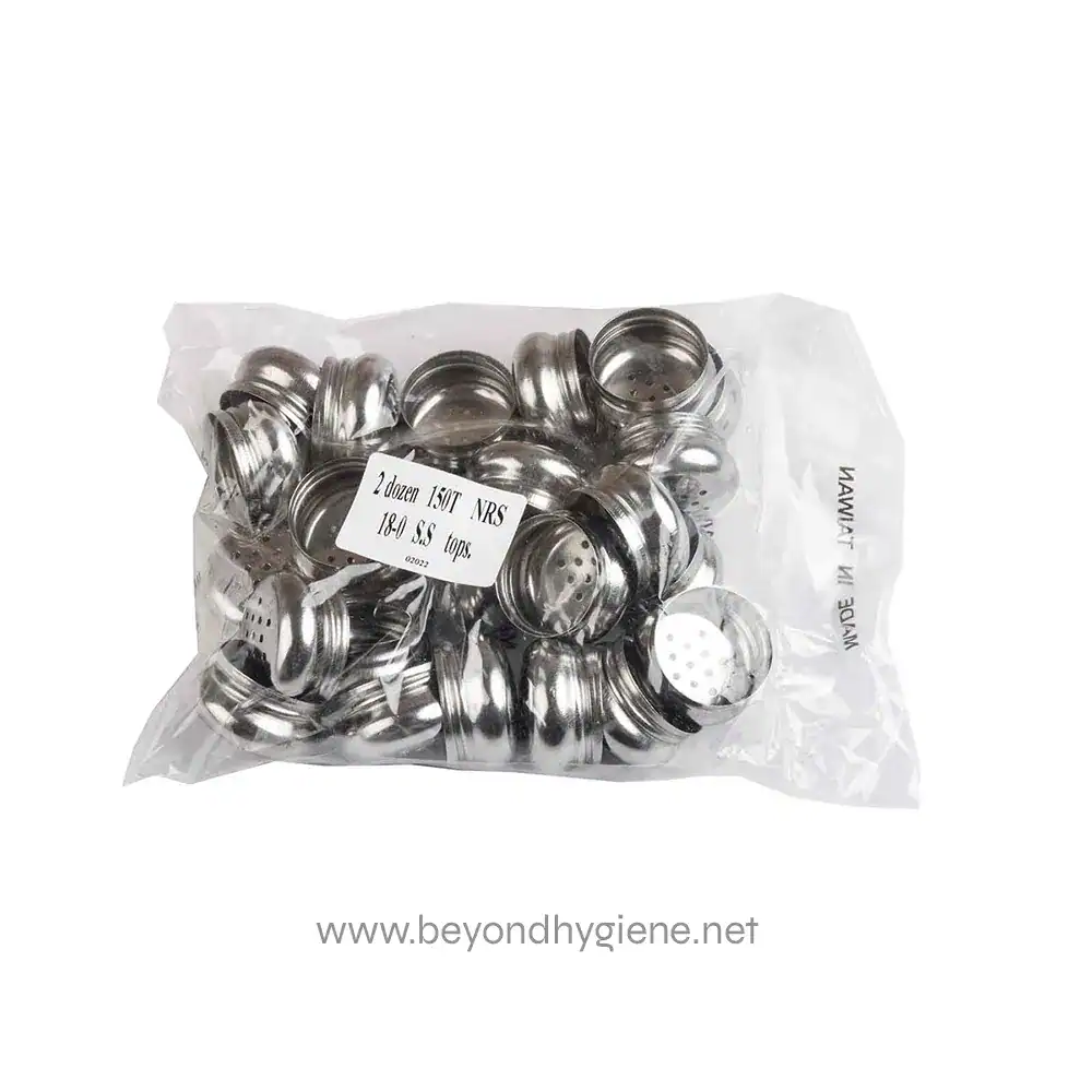 6 Stainless steel dose caps for hygiene and sanitation, packaged in a clear plastic bag, ideal for industrial cleaning and disinfecting applications.