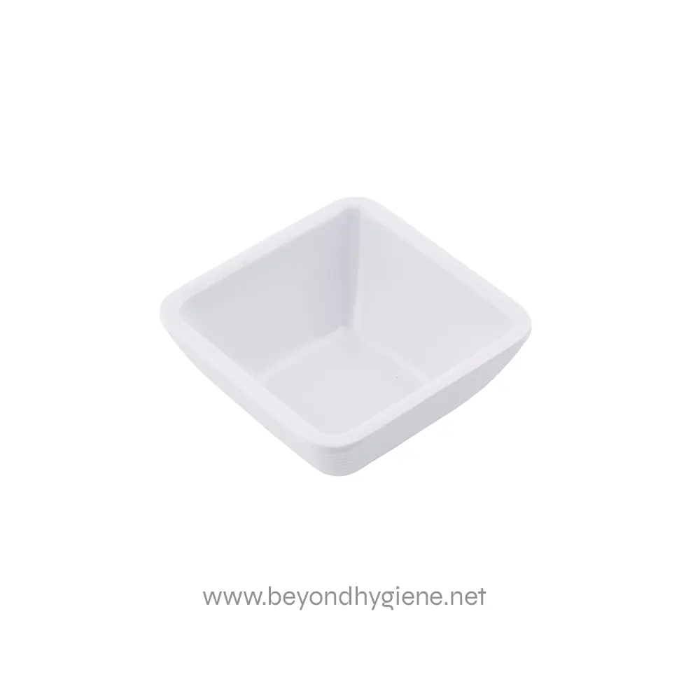 6 Disposable white plastic serving tray for food or catering purposes.