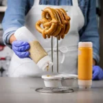 Crispy pretzels and sausages on skewers, condiment bottle, and mustard on a table at a food stall.