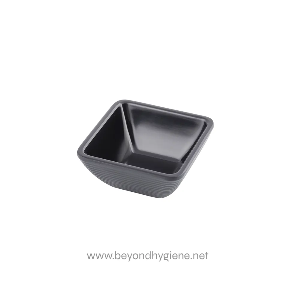 6 Smooth black ceramic square bowl for Asian dining, ideal for sauces, condiments, and small appetizers, showcasing modern design and durability for hygienic food presentation.