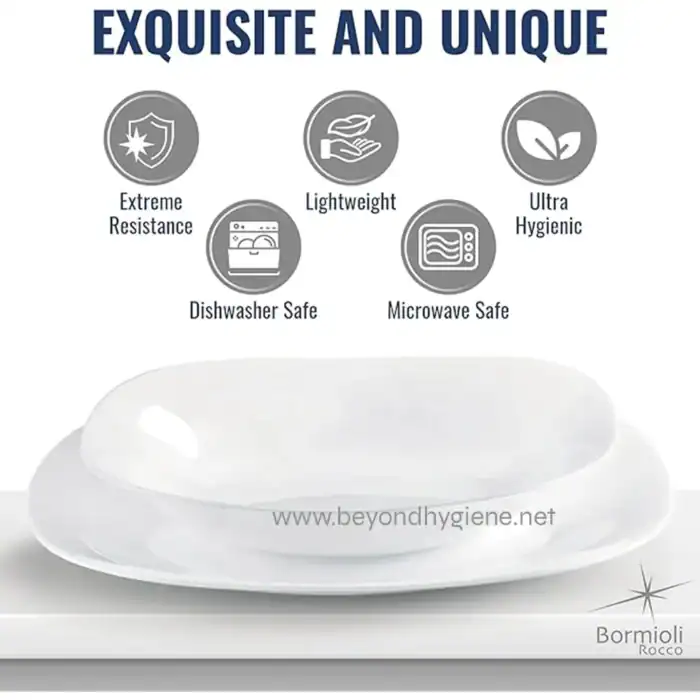 Smooth and durable white dish showcases Beyond Hygiene Asia's emphasis on extreme resistance, hygiene, lightweight design, dishwasher and microwave safety, perfect for commercial and personal use.