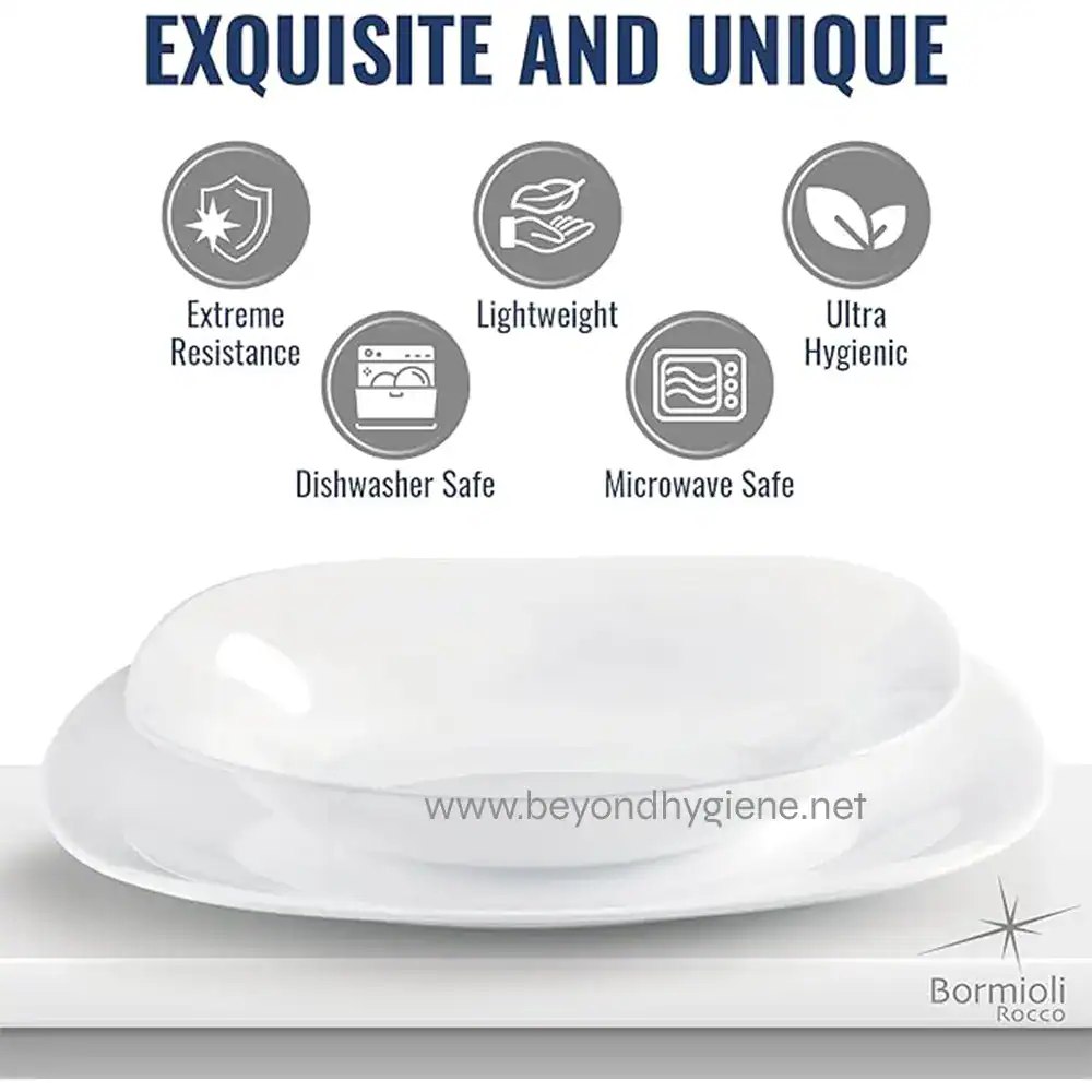6 Smooth and durable white dish showcases Beyond Hygiene Asia's emphasis on extreme resistance, hygiene, lightweight design, dishwasher and microwave safety, perfect for commercial and personal use.